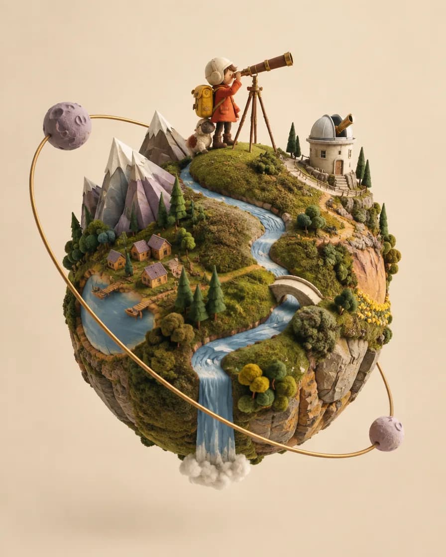 A tiny explorer and woolly companion discover a handmade planet of mossy hills, rivers and mountains.